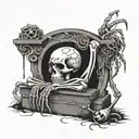 skeleton hugging a gravestone covered with spiders tattoo design idea