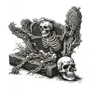 skeleton hugging a gravestone covered with spiders tattoo design idea