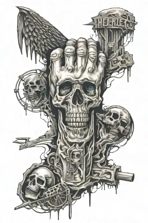 arm tatto, top james herfiels scream, middle metallica logo, bottom master of puppets stones tattoo design idea