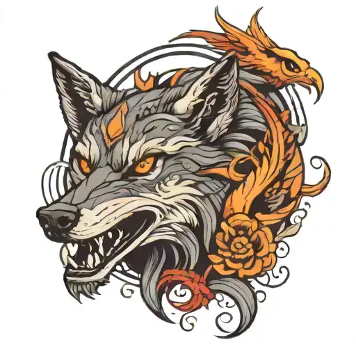 wolf with a phoenix and a dagon tattoo design idea