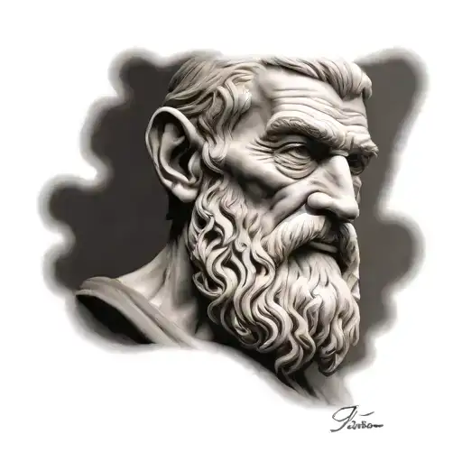 A detailed, hyper-realistic tattoo design of the ancient Greek philosopher Epicurus, depicted as a muscular, dominant tattoo design idea