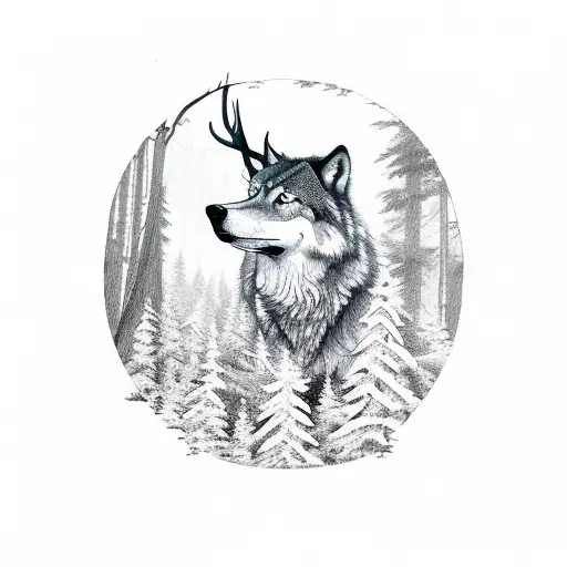 state of Indiana with wolves, deer, hawks inside in a forest sceene tattoo design idea