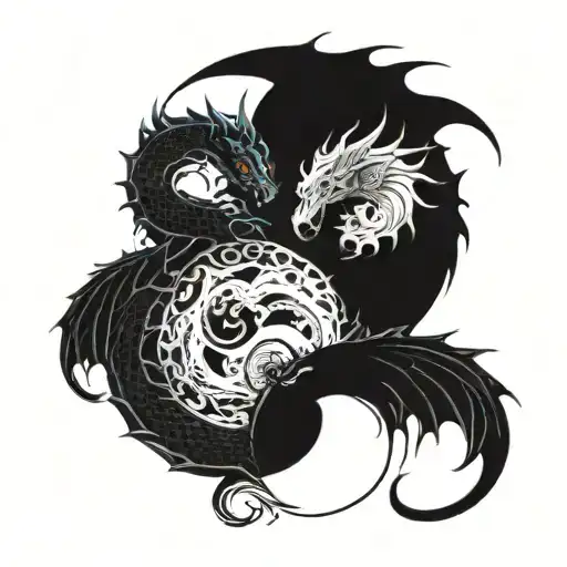 Two dragons white and black holdiny oppiset color balls yin and yang tattoo design idea