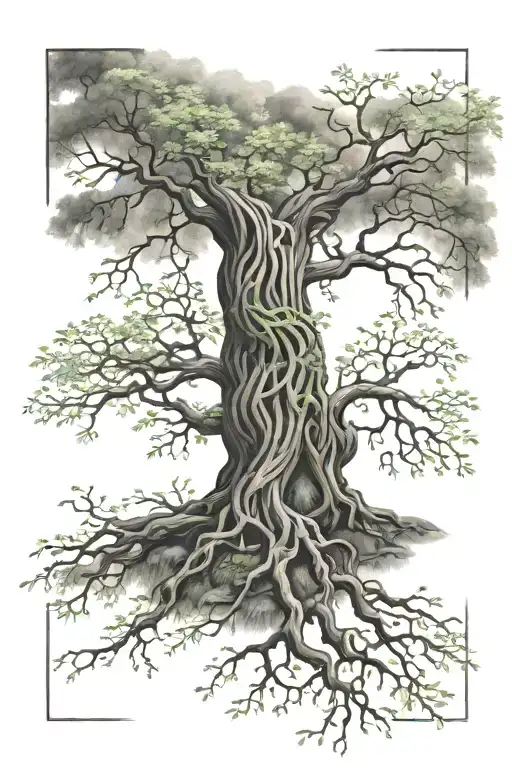 willow tree and yggdrasil tree of life tattoo design idea