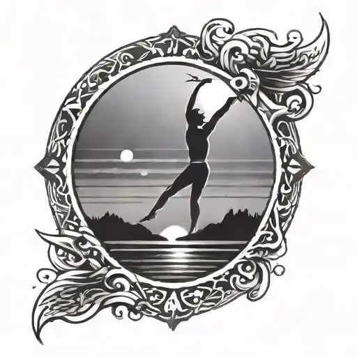 A stylized sunset scene with a physical therapy symbol incorporated, like a person stretching or exercising tattoo design idea
