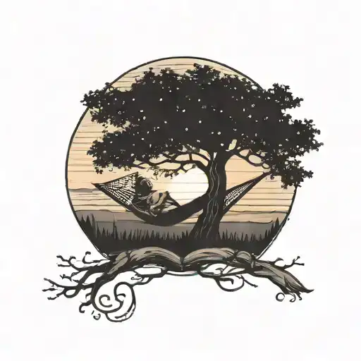 A beautiful scene of a person reading on a hammock under a tree during sunset, with a subtle physical therapy symbol in the background tattoo design idea