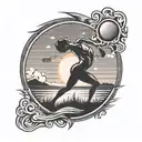 A stylized sunset scene with a physical therapy symbol incorporated, like a person stretching or exercising tattoo design idea