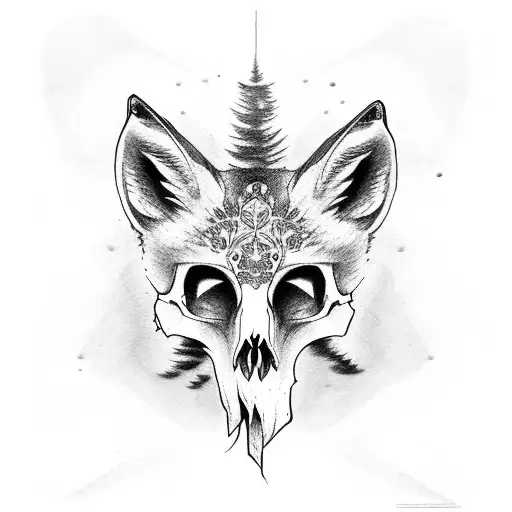 fox skull face forward with foxglove flowers  tattoo design idea