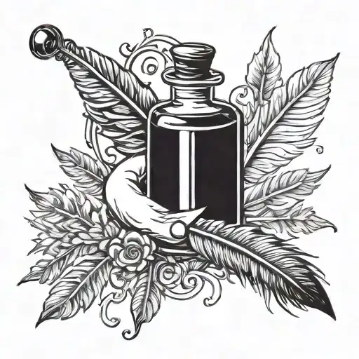 hand with traditional quill pen and ink bottle drawing a semi colon tattoo design idea