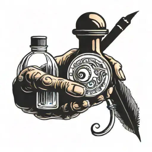 hand with traditional quill pen and ink bottle drawing a semi colon tattoo design idea
