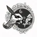 hand with traditional quill pen drawing a semi colon tattoo design idea