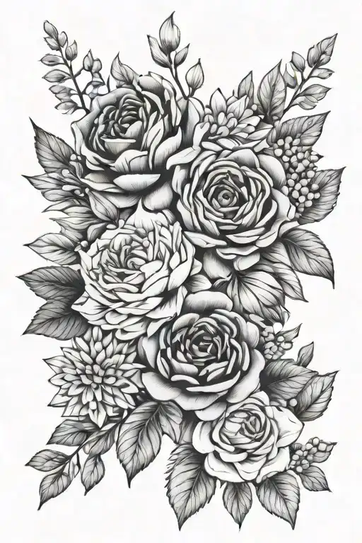 bouquet of January, February, March, October and November birth flowers tattoo design idea