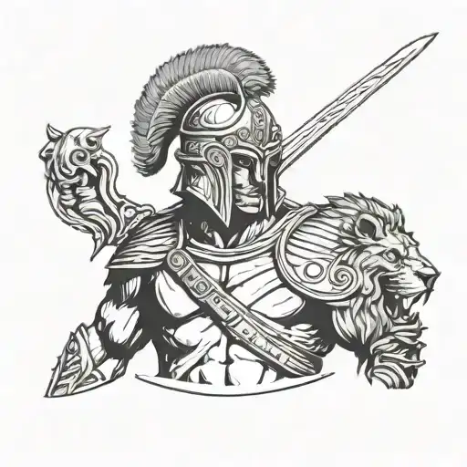 Roman warrior with a lion head helmet tattoo design idea