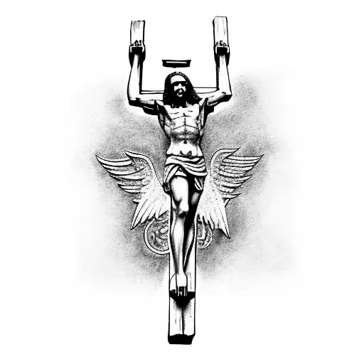 A crucified angel without the lower part of the body which bleeds and creates rivers of blood through a valley of corpse tattoo design idea