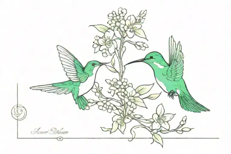 emerald green hummingbird and forget me not flowers with "any many many more" tattoo design idea