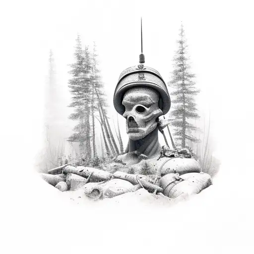 soldier, forest, ruins tattoo design idea