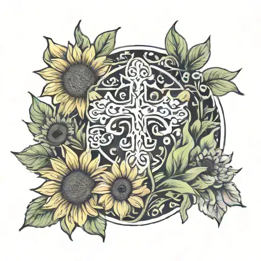catholic cross surrounded by sunflowers with the saying be still on it and the date 07/14/24 tattoo design idea