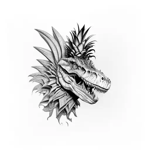 A black and grey portrait of a Tyrannosaurus rex with a pineapple crown on its head, symbolizing strength and royalty tattoo design idea