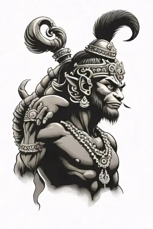 A dynamic and powerful portrait of Lord Hanuman in a blackwork style, showcasing his strength and devotion to Sri Ram tattoo design idea
