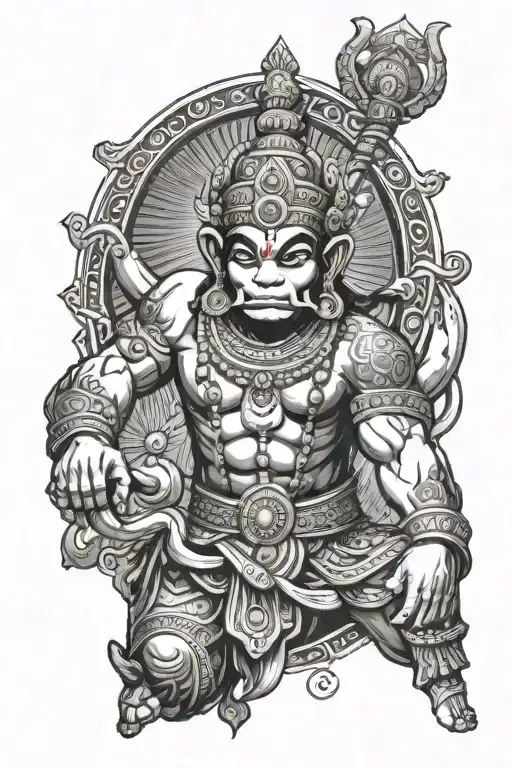 A dynamic and powerful portrait of Lord Hanuman in a blackwork style, showcasing his strength and devotion to Sri Ram tattoo design idea