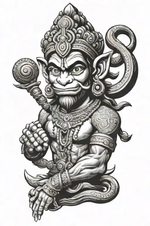 A dynamic and powerful portrait of Lord Hanuman in a blackwork style, showcasing his strength and devotion to Sri Ram tattoo design idea