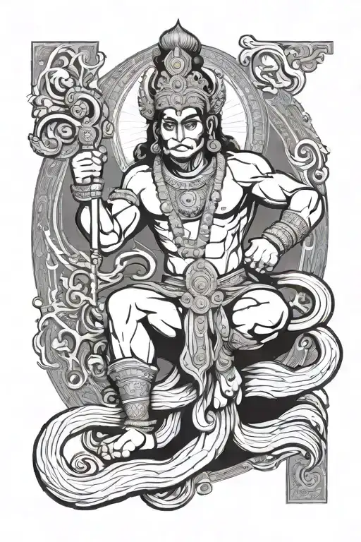 A dynamic and powerful portrait of Lord Hanuman in a blackwork style, showcasing his strength and devotion to Sri Ram tattoo design idea