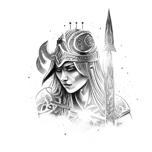 Warrior goddess wielding a mythical weapon tattoo design idea