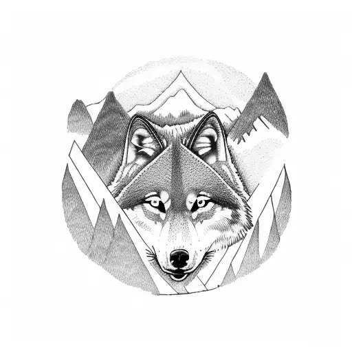 mountains with two wolves and an eagle flying  tattoo design idea