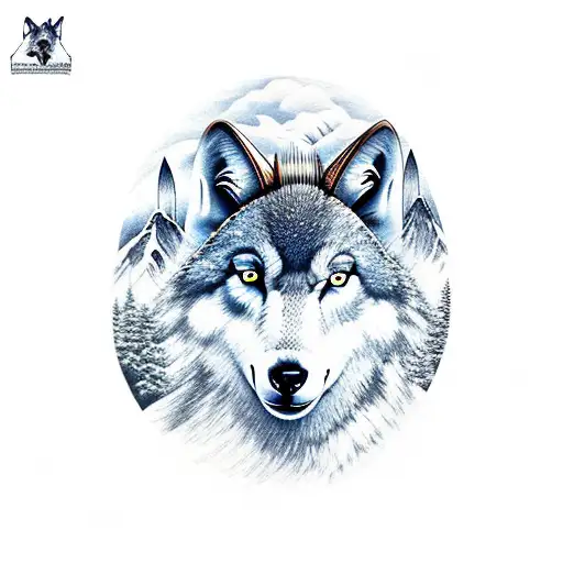 mountains with wolves, a goat, a black eagle and a warrior tattoo design idea