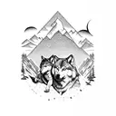 mountains with two wolves and an eagle flying  tattoo design idea