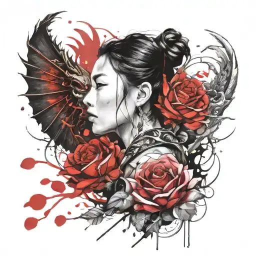 asian girl wrapped by a roses and dragon tattoo design idea