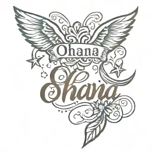 Small Delicate script saying Ohana tattoo with wings, North Star and infinity symbol tattoo design idea