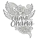 Small Delicate script saying Ohana tattoo with wings, North Star and infinity symbol tattoo design idea
