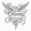 Small Delicate script saying Ohana tattoo with wings, North Star and infinity symbol tattoo design idea
