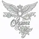 Small Delicate script saying Ohana tattoo with wings, North Star and infinity symbol tattoo design idea