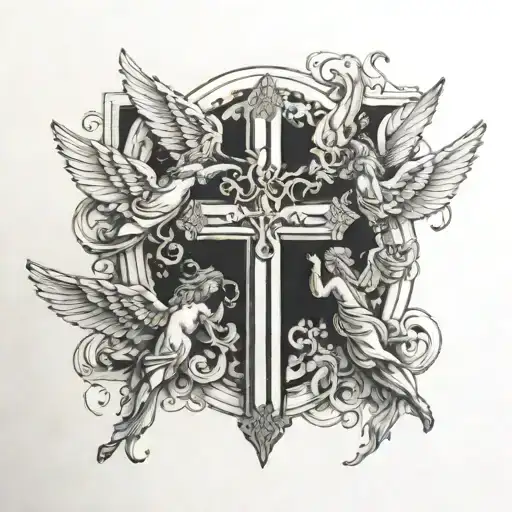 cross with 3 angels flying tattoo design idea
