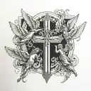 cross with 3 angels flying tattoo design idea