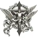 cross with 3 angels flying tattoo design idea