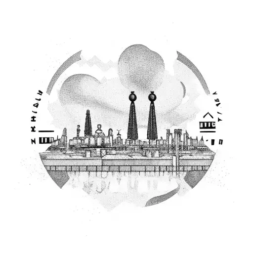 A black and grey tattoo of the Salt Bar in Montjuic, with the Barcelona skyline in the background. tattoo design idea