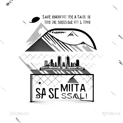 A black and grey tattoo of the Salt Bar in Montjuic, with the Barcelona skyline in the background. tattoo design idea