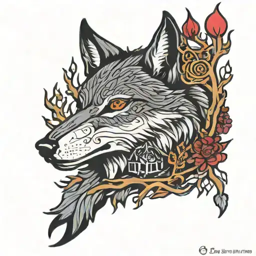 wolf, owl, red deer wood cabin  tattoo design idea