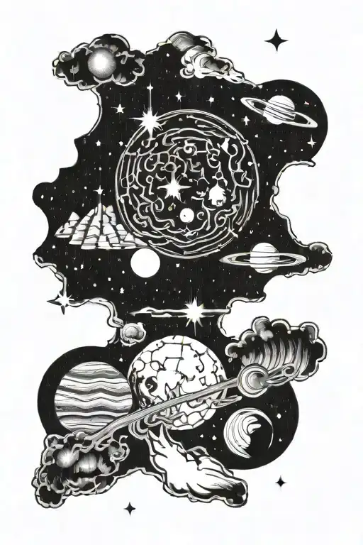 A view from Antarctica into space where the Milky Way can be seen with planets and stars and a meteor tattoo design idea