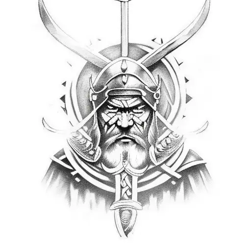 viking warrior with nordic influences, thors hammer, thunder, skulls, shield, sword tattoo design idea