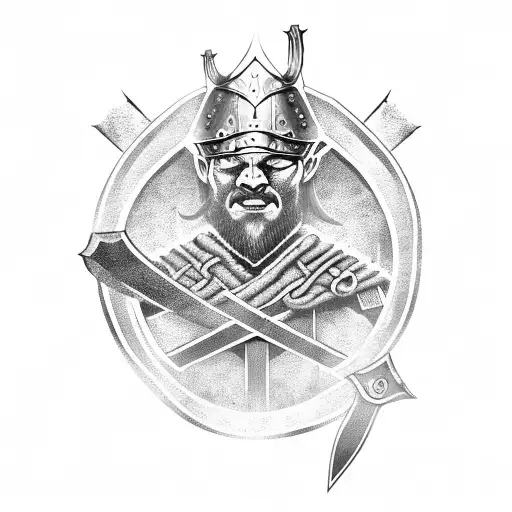viking warrior with nordic influences, thors hammer, thunder, skulls, shield, sword tattoo design idea