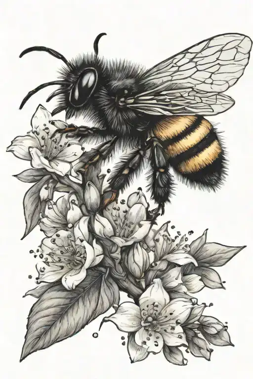 bumble bee sitting on a branch with peach blossoms tattoo design idea