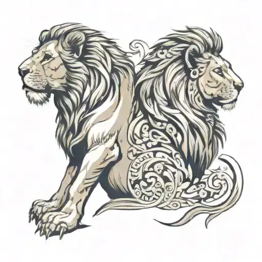 A tattoo where a female lion and a male lion are looking at each other from the side profile, tattoo design idea