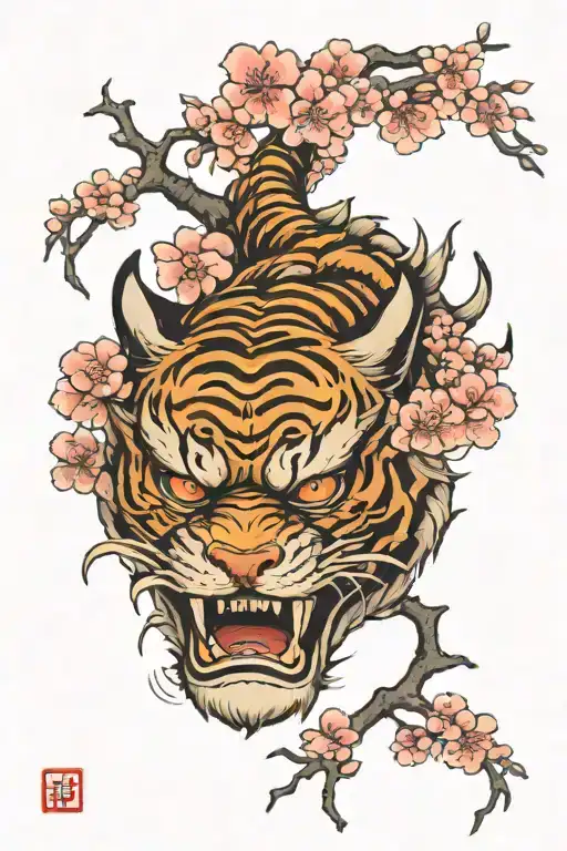 japanese tiger and oni mask with sakura flowers tattoo design idea