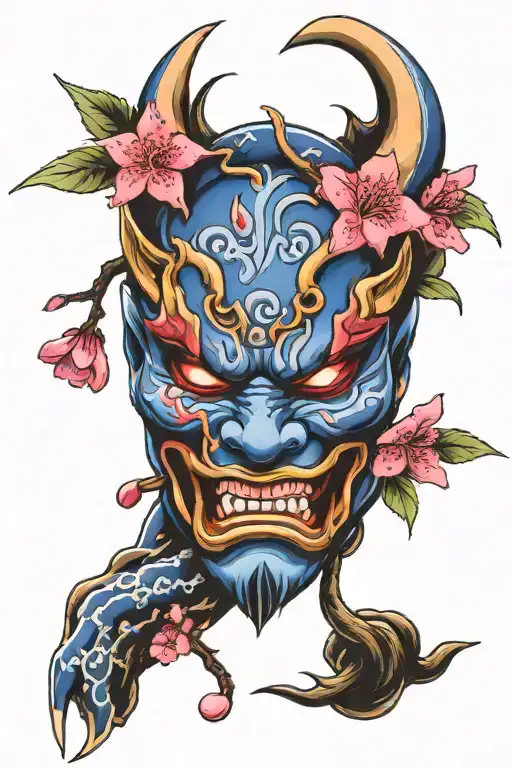 arm tattoo of a blue and dark purple oni mask with pink cherry blossoms around it tattoo design idea