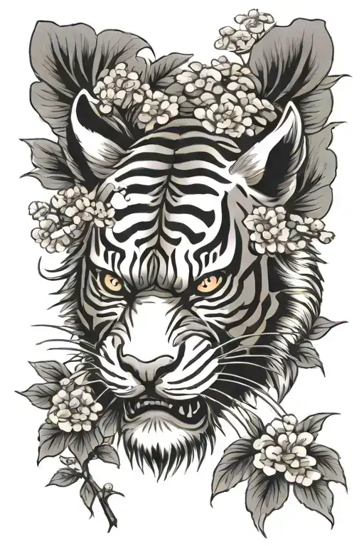 japanese tiger and oni mask with sakura tree tattoo design idea