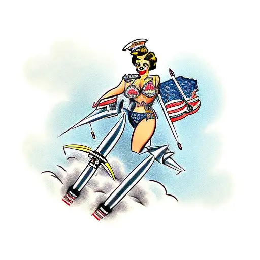 pin-up girl riding atacms missile tattoo design idea